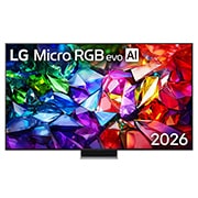LG Micro RGB evo 86 ιντσών AI MRGB96 4K Smart TV 2026, Η μπροστινή όψη της LG Micro RGB evo AI MRGB95, που κυκλοφόρησε το 2026, διαθέτει λεπτό μαύρο πλαίσιο σε πόδια χαμηλού προφίλ, με ζωντανή, κρυσταλλική εικόνα με ευκρινείς κόκκινες, πράσινες και μπλε ό, 86MRGB96B6B, thumbnail 1