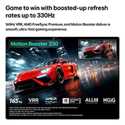 LG Micro RGB evo 86 ιντσών AI MRGB96 4K Smart TV 2026, Η LG Micro RGB evo AI MRGB95 με το Ultimate Gameplay δείχνει μια ζωντανή αγωνιστική σκηνή υψηλής ταχύτητας με ένα θολό ένθετο σύγκρισης που τονίζει το Motion Booster 330, ενώ υποστηρίζει 165 Hz, VRR, , 86MRGB96B6B, thumbnail 8