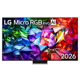 Η μπροστινή όψη της LG Micro RGB evo AI MRGB95, που κυκλοφόρησε το 2026, διαθέτει λεπτό μαύρο πλαίσιο σε πόδια χαμηλού προφίλ, με ζωντανή, κρυσταλλική εικόνα με ευκρινείς κόκκινες, πράσινες και μπλε ό2