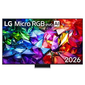 Η μπροστινή όψη της LG Micro RGB evo AI MRGB95, που κυκλοφόρησε το 2026, διαθέτει λεπτό μαύρο πλαίσιο σε πόδια χαμηλού προφίλ, με ζωντανή, κρυσταλλική εικόνα με ευκρινείς κόκκινες, πράσινες και μπλε ό1