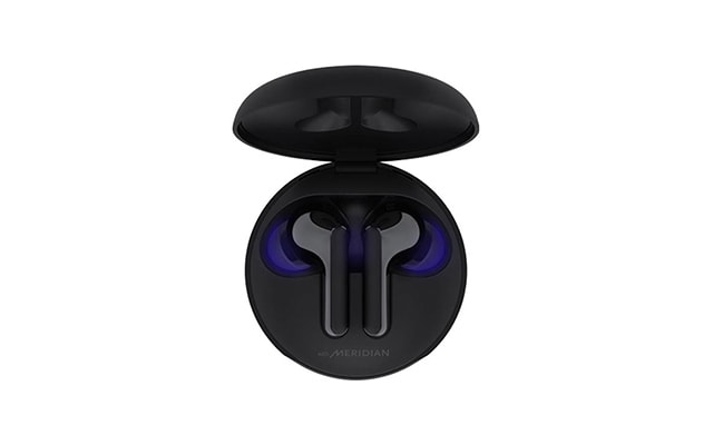 THE LG Tone Free Wireless Earbuds on display in their case.