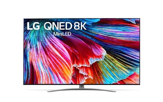 A front image of LG QNED MiniLED 8K smart TV.