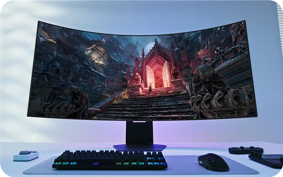 Φουτουριστική διάταξη gaming με την εύκαμπτη οθόνη της σειράς Ultragear GX9 από την LG.