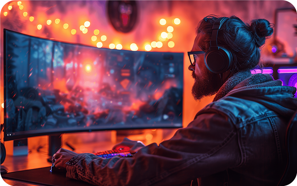 Ένας γενειοφόρος άνδρας με ακουστικά ασχολείται με βιντεοπαιχνίδια, τονίζοντας τα λεπτομερή γραφικά μιας οθόνης gaming 4K.