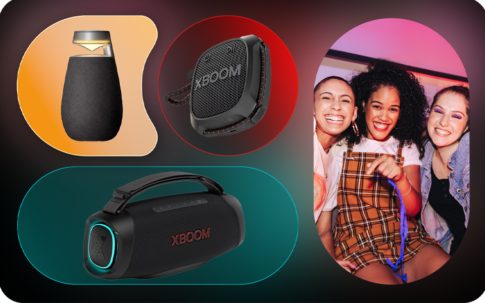 Colourful Collage of LG XBOOM Go and speakers plus a party scene with dynamic crowd of young women