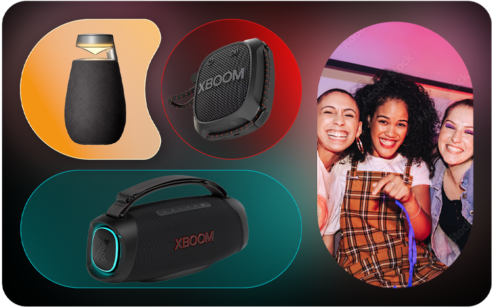 Colourful Collage of LG XBOOM Go and speakers plus a party scene with dynamic crowd of young women