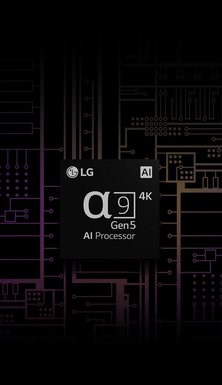Απεικόνιση του επεξεργαστή a9 Gen 5 AI 4K σε ασπρόμαυρο φόντο, το οποίο μετατρέπεται σε έγχρωμο
