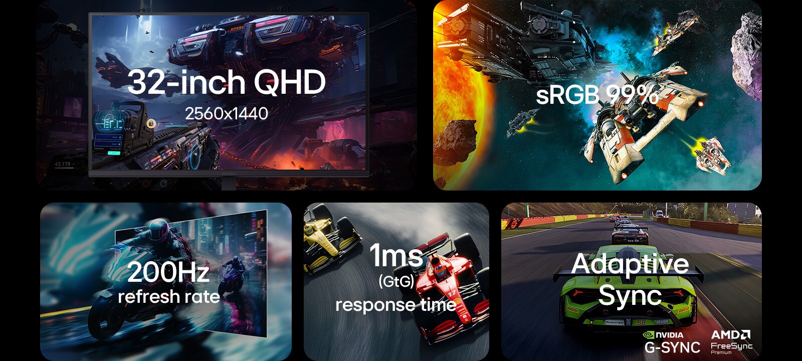 2560x1440 na 32 inča, sRGB paleta boja 99 %, brzina osvježavanja 200 Hz, 1ms (GtG), NVIDIA G-SYNC i AMD FreeSync Premium.