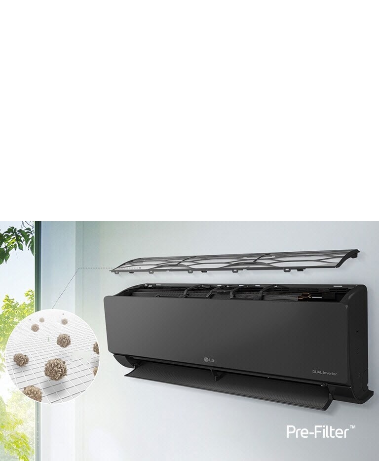 LG klima-uređaj montiran je na zid i prikazan iz bočnog kuta. Gornja ploča pluta iznad, tako da se vide unutarnji filtri. Linija iz predfiltra vodi do uvećanog kruga koji pokazuje prašinu uhvaćenu u predfiltru. Logotip predfiltra SafePlus prikazuje se u donjem desnom kutu.
