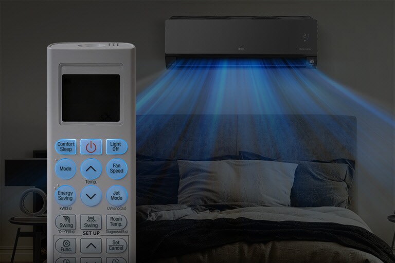 Tamna slika kreveta noću prikazuje klimatizacijski uređaj montiran na zid i plavi zrak koji puše iznad kreveta. U prvom je planu prednja strana daljinskog upravljača koja prikazuje tipke i temperaturu, koji su označeni plavom bojom za jednostavno uočavanje u mraku.