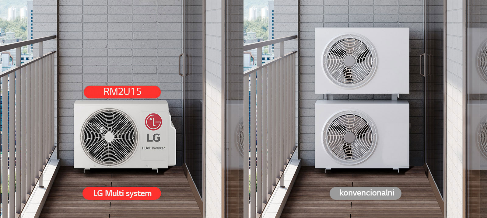 2 odvojene slike s LG višesustavnim i konvencionalnim uređajima na balkonu.