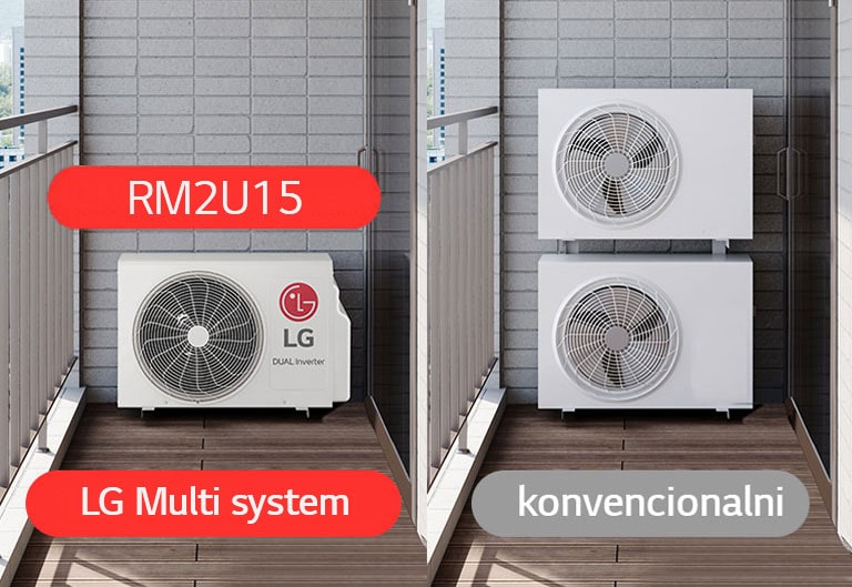 2 odvojene slike s LG višesustavnim i konvencionalnim uređajima na balkonu.