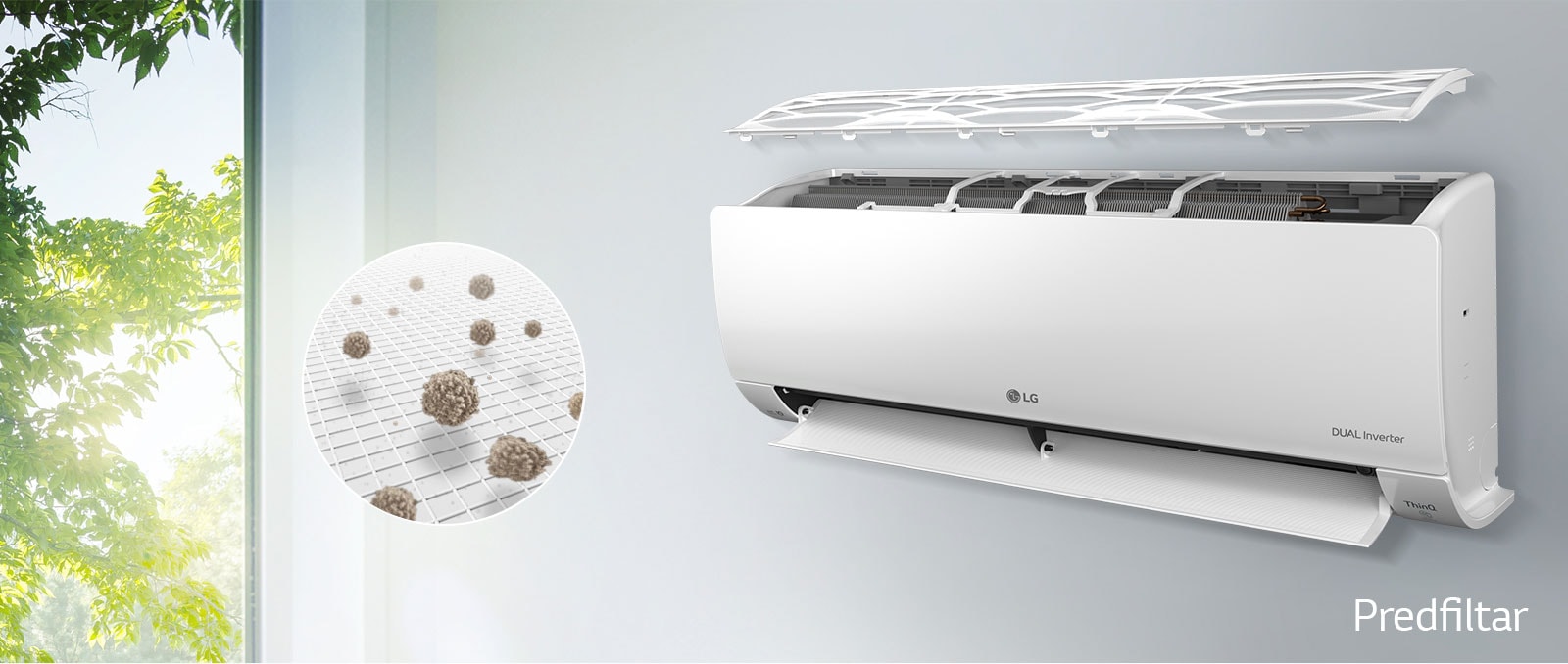 LG klimatizacijski uređaj montiran je na zid i prikazan iz bočnog kuta. Gornja ploča pluta iznad, tako da se vide unutarnji filtri. Linija iz predfiltra vodi do uvećanog kruga koji pokazuje prašinu uhvaćenu u predfiltru. Logotip predfiltra prikazuje se u donjem desnom kutu.