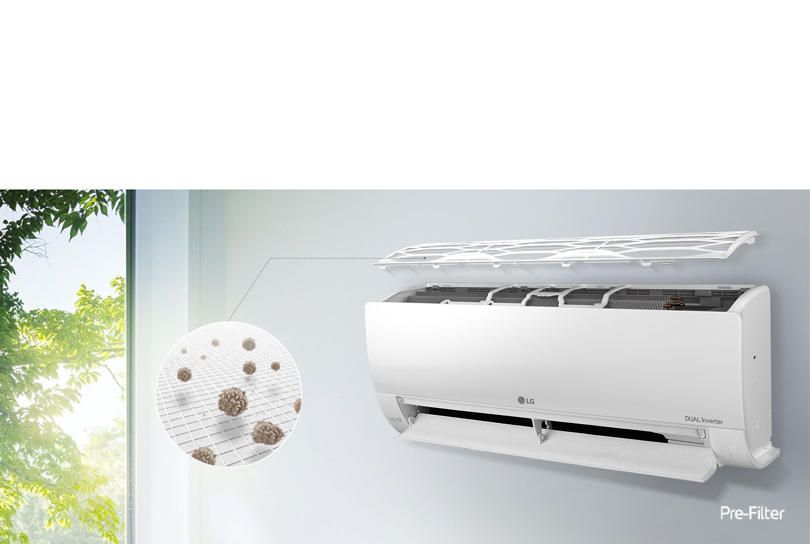 LG klima-urešaj montiran je na zidu i prikazan iz bočnog kuta. Gornja ploča lebdi iznad, tako da se vide unutarnji filtri. Linija iz predfiltra Pre-Filter vodi do uvećanog kruga koji pokazuje prašinu uhvaćenu u predfiltru. Logotip predfiltra Pre-Filter prikazuje se u donjem desnom kutu.