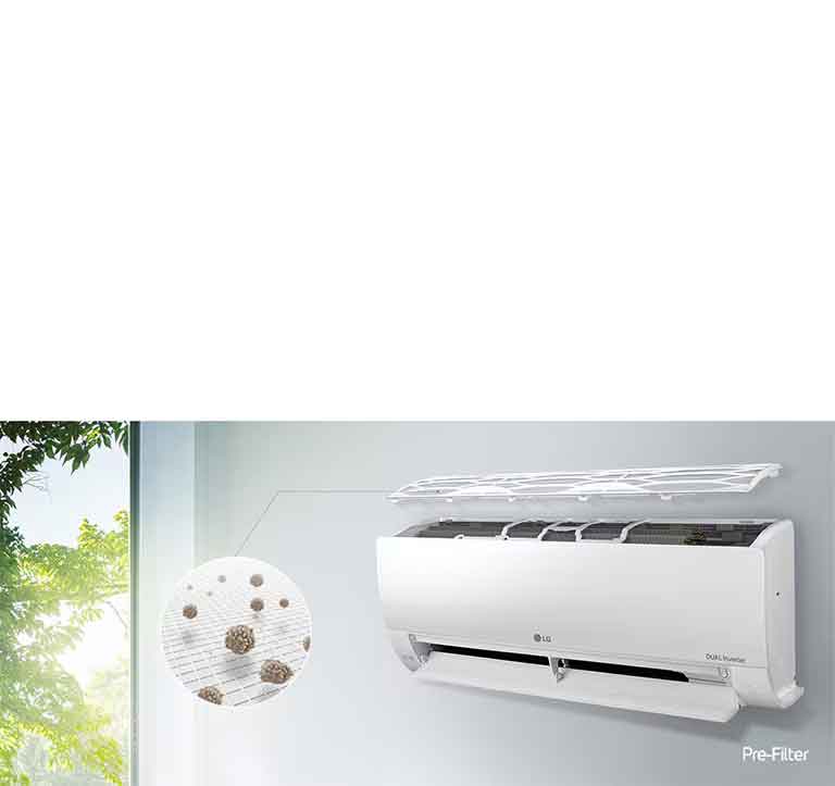 LG klima-urešaj montiran je na zidu i prikazan iz bočnog kuta. Gornja ploča lebdi iznad, tako da se vide unutarnji filtri. Linija iz predfiltra Pre-Filter vodi do uvećanog kruga koji pokazuje prašinu uhvaćenu u predfiltru. Logotip predfiltra Pre-Filter prikazuje se u donjem desnom kutu.