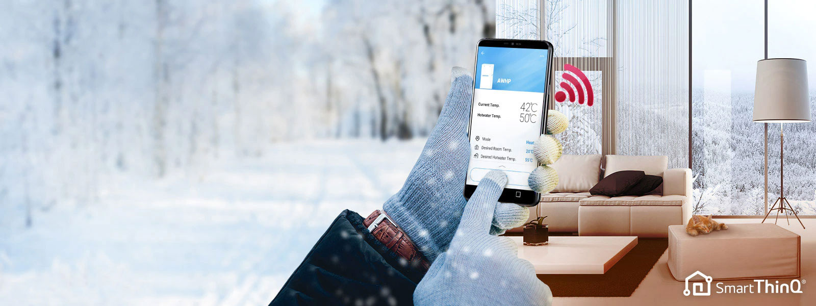 Slika ruke osobe koja dodiruje pametni telefon s uključenom aplikacijom ThinQ.
