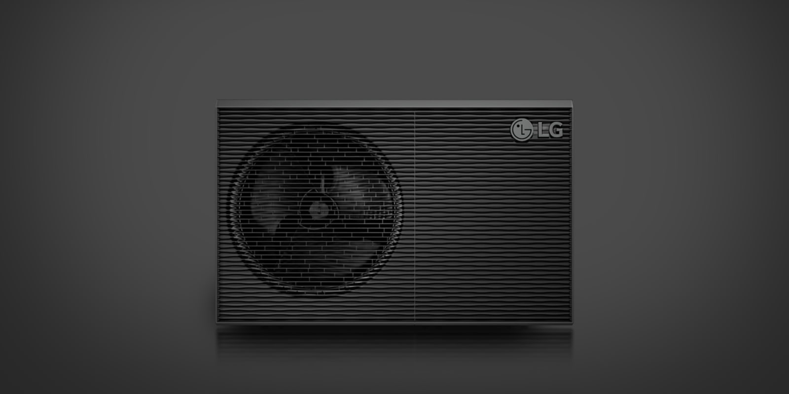 LG R290 Monobloc prikazan je s aureolom koji svijetli iza proizvoda. Njegova siva vanjska jedinica postupno se otkriva na crnoj pozadini.