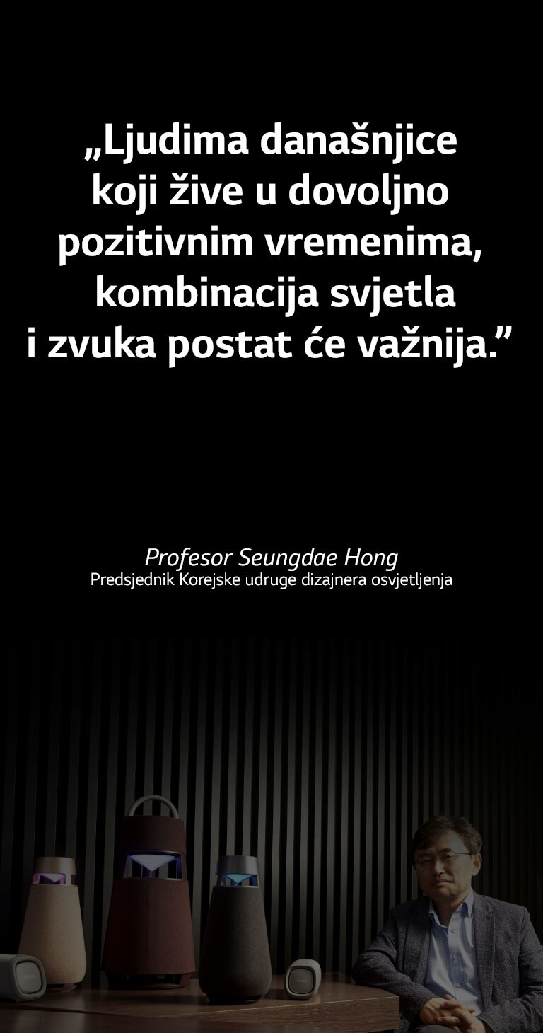 Slika profesora Seungdae Honga, predsjednika Korejske udruge dizajnera osvjetljenja, s obitelji zvučnika XBOOM na stolu