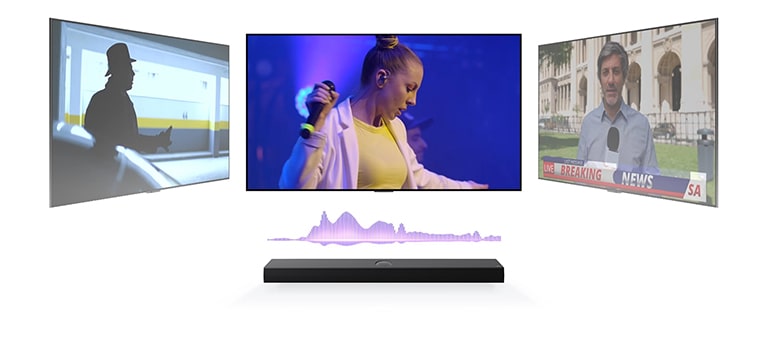  LG Soundbar ima tri različita TV zaslona iznad sebe. Na onome točno iznad prikazuje se glazbeni koncert i žena koja pjeva. TV s desne strane prikazuje voditelja vijesti koji snima izvanredne vijesti ispred raskošne zgrade. TV s lijeve strane prikazuje kadar akcijskog filma s muškarcem u sjeni. Između TV-a i soundbara nalazi se ljubičasti dijagram zvučnog vala. 