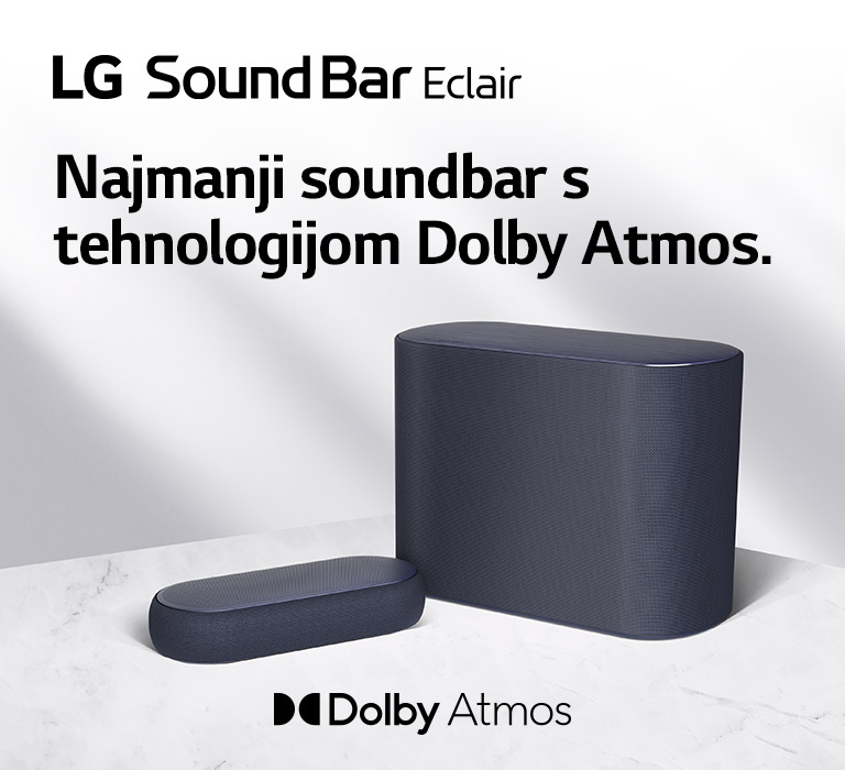 Soundbar i niskofrekvencijski zvučnik nalaze se na mramornom podu okrenuti prema suprotnim stranama