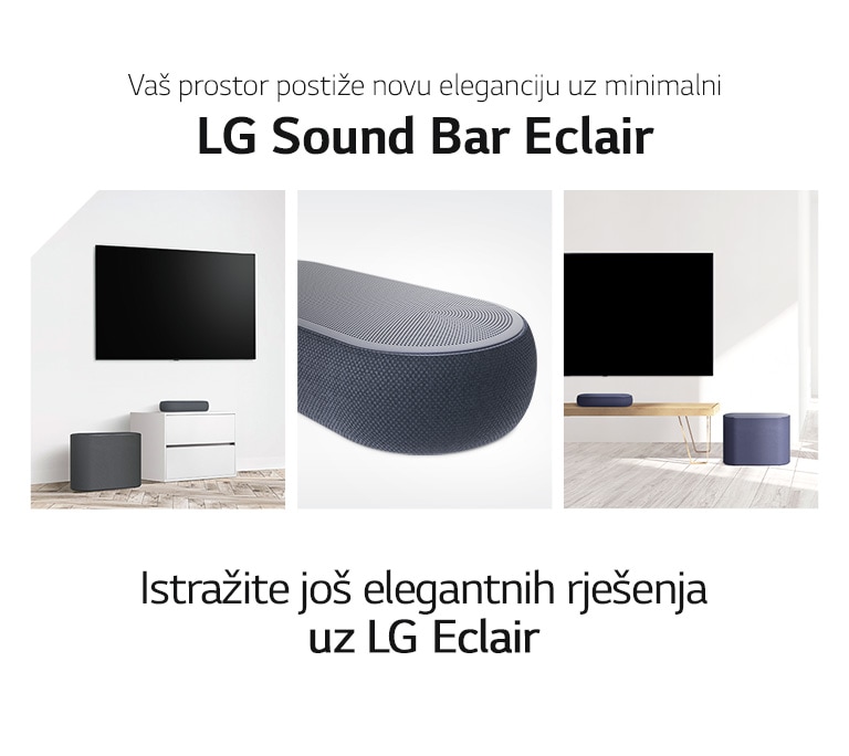 Tu je kolaž od tri slike – zvučnik i niskofrekvencijski zvučnik u bijelom dnevnom boravku s lijeve strane, krupni plan desne strane zvučnika u sredini te zvučnik i niskofrekvencijski zvučnik smješteni na drvenom ormariću na desnoj strani kolaža slika.