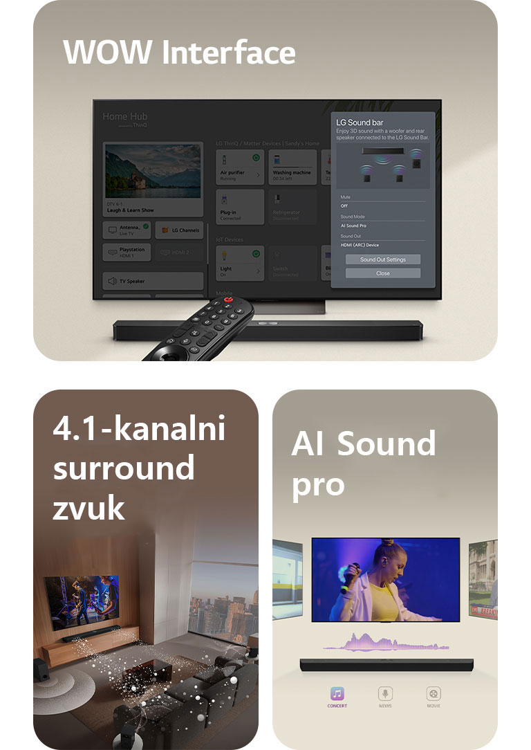 LG daljinski upravljač usmjeren je prema LG televizoru ispod kojeg se nalazi LG Soundbar. Na zaslonu LG televizora prikazuje se izbornik WOW sučelja.  LG Soundbar, LG televizor i niskofrekventni zvučnik (subwoofer) nalaze se u dnevnom boravku, a na zaslonu se prikazuje slika na kojoj se prikazuje glazba.. Dva bijela zvučna vala sastavljena od kapljica izlaze iz Soundbara, a niskofrekventni zvučnik (subwoofer) stvara zvučni efekt s dna.   LG Soundbar s tri različita zaslona televizora iznad. Na jednom se prikazuje film, na drugome koncert, a treći prikazuje vijesti. Ispod Soundbara nalaze se tri ikone koje prikazuju pojedini žanr.