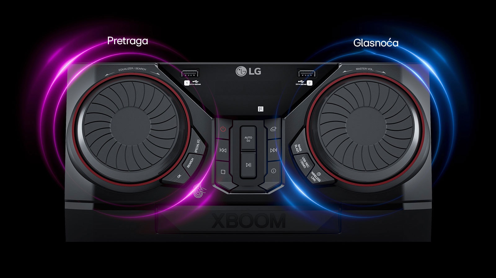 Prikaz odozgo zvučnika CK43N. Oko dva identična okretna kotačića nalazi se ružičasta i plava neonska grafika. Lijevi kotačić omogućuje vam traženje glazbe, a desni upravljanje glasnoćom.