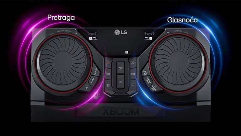 Prikaz odozgo zvučnika CK43N. Oko dva identična okretna kotačića nalazi se ružičasta i plava neonska grafika. Lijevi kotačić omogućuje vam traženje glazbe, a desni upravljanje glasnoćom.