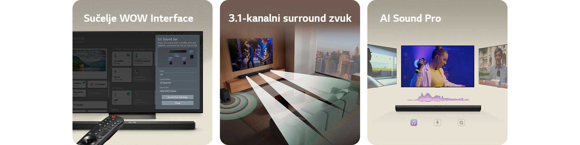 Slika kućnog kina LG Soundbar, LG daljinskog upravljača i televizora LG TV koji na zaslonu prikazuje WOW sučelje.  Slika televizora LG TV i kućnog kina LG Soundbar u dnevnom boravku koji reproduciraju glazbeni nastup. Bijeli zvučni valovi sastavljeni od kapljica izlaze iz kućnog kina, kruže oko sofe i prostora kako bi prikazali surround zvuk. Kroz prozor se vidi panorama grada.  Slika kućnog kina LG Soundbar s tri različita zaslona televizora iznad. Na jednom se prikazuje film, na drugome koncert, a treći prikazuje vijesti. Ispod kućnog kina prikazane su ikone koncert, vijesti i film.