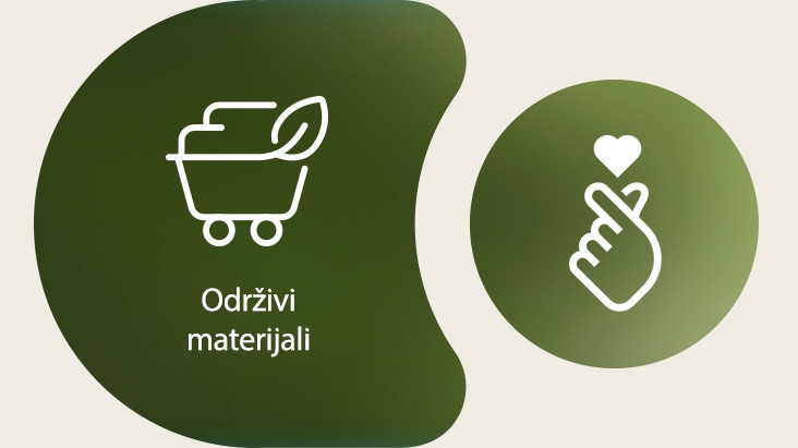 Na lijevoj strani prikazana je ikona održivih materijala tvrtke LG s imenom napisanim ispod. Na desnoj strani prikazana je ikona ESG koja prikazuje pokret prstima koji simbolizira srce.