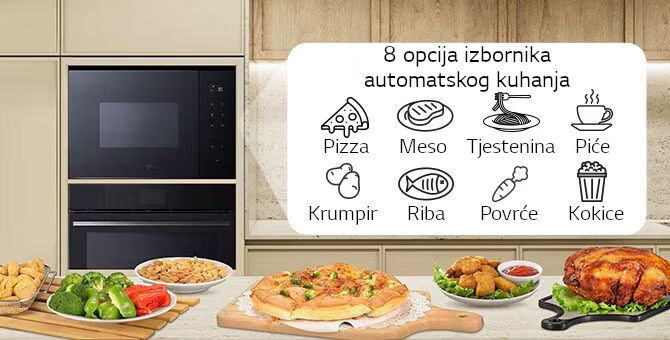 8 ikona hrane koja se može kuhati s funkcijom automatskog kuhanja mikrovalne pećnice.