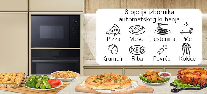 8 ikona hrane koja se može kuhati s funkcijom automatskog kuhanja mikrovalne pećnice.