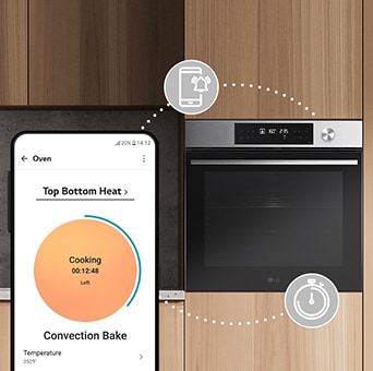 Ovo je slika na kojoj su ikone koje označavaju timere i funkcije push obavijesti povezane između pametnog telefona i pećnice.