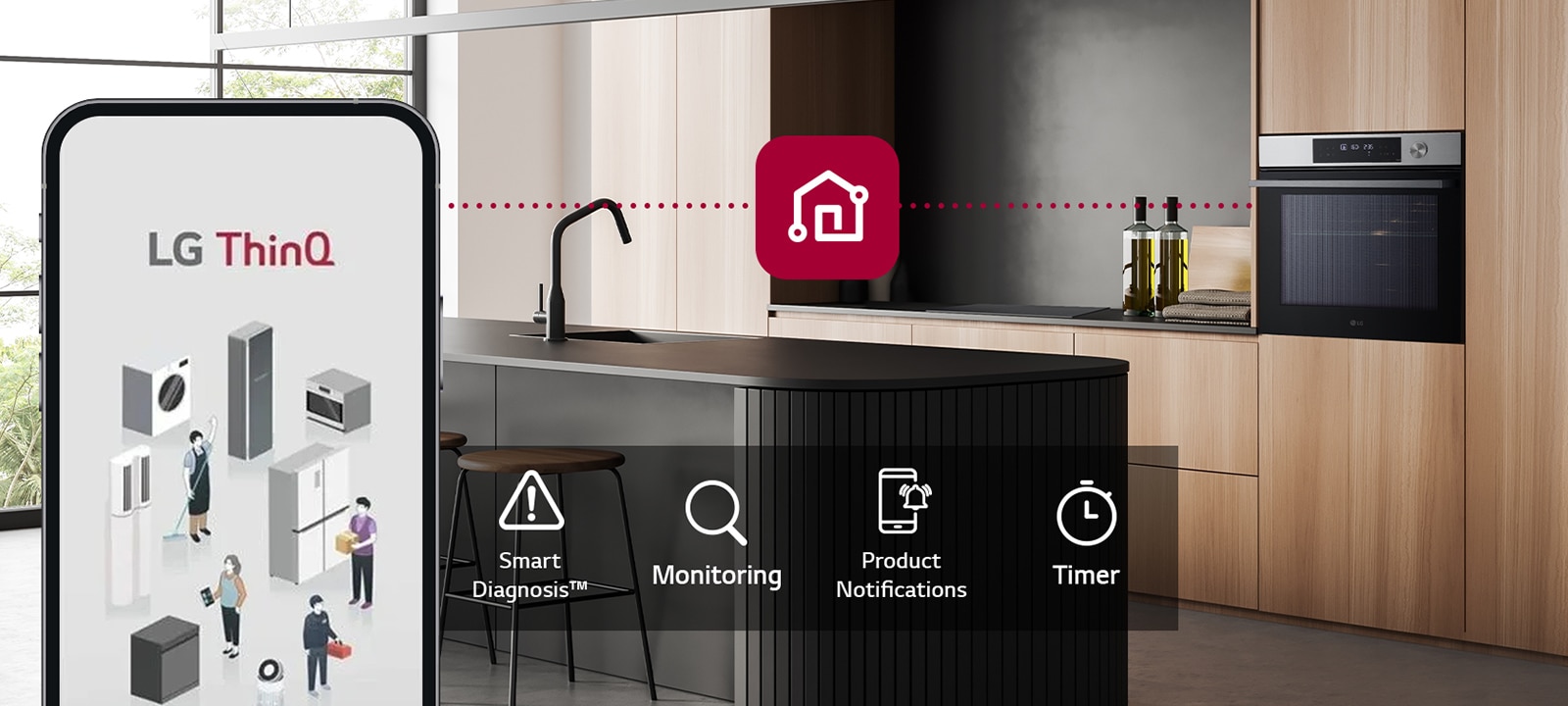 Pećnica i pametni telefon povezani putem LG ThinQ aplikacije. Funkcije ThinQ-a označene su ikonama.