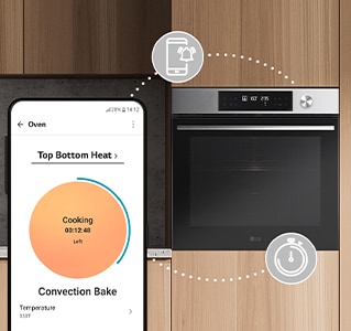 Ovo je slika na kojoj su ikone koje označavaju timere i funkcije push obavijesti povezane između pametnog telefona i pećnice.