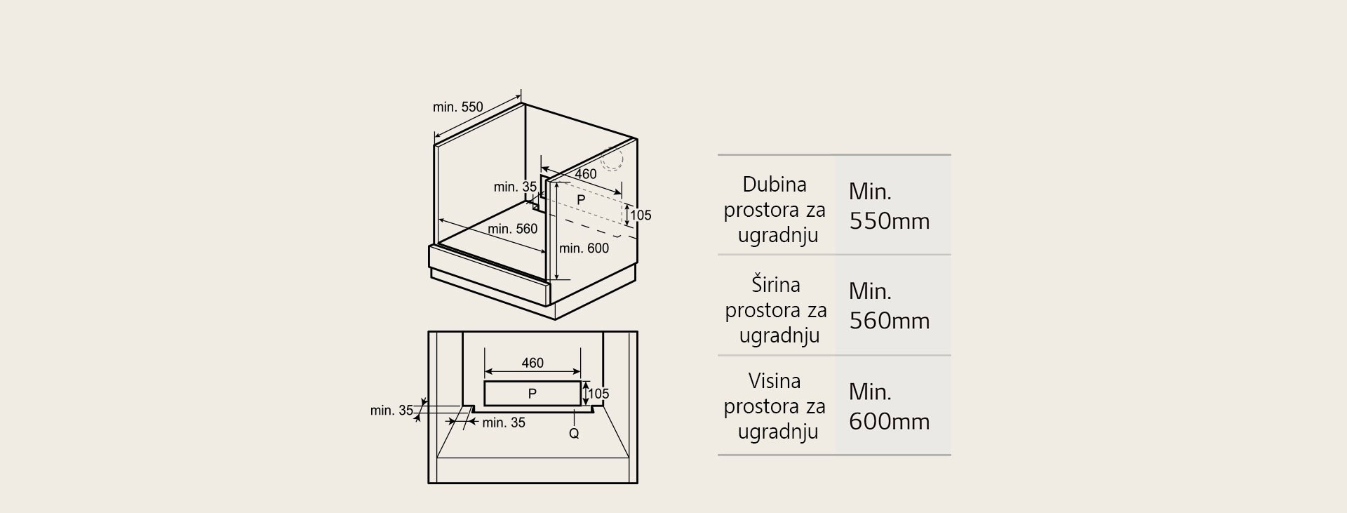Vodič koji pokazuje koje su dimenzije potrebne u području ugradnje.