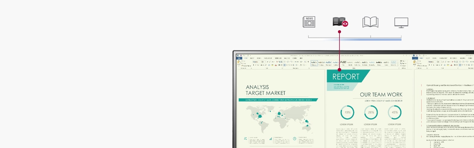 Radno izvješće prikazano na monitoru koji emitira smanjeno plavo svjetlo s temperaturom boje sličnom papiru, u usporedbi s uobičajenim modom