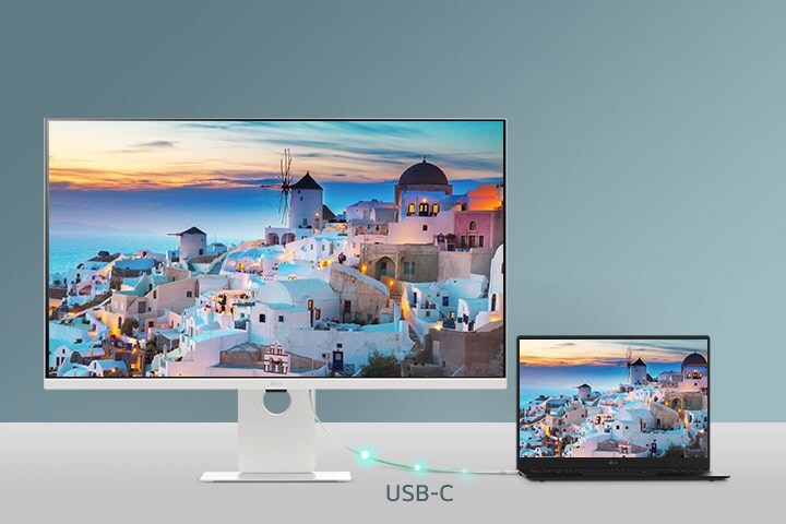 Fotografija prikazuje pametni monitor spojen na prijenosno računalo pomoću USB-C priključka.