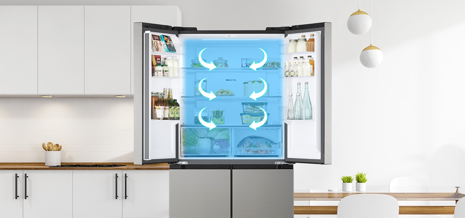 Otvoreni LG Multi-Door hladnjak sa sustavom višestrukog protoka zraka, koji pokazuje cirkulaciju hladnog zraka za ravnomjernu raspodjelu temperature.