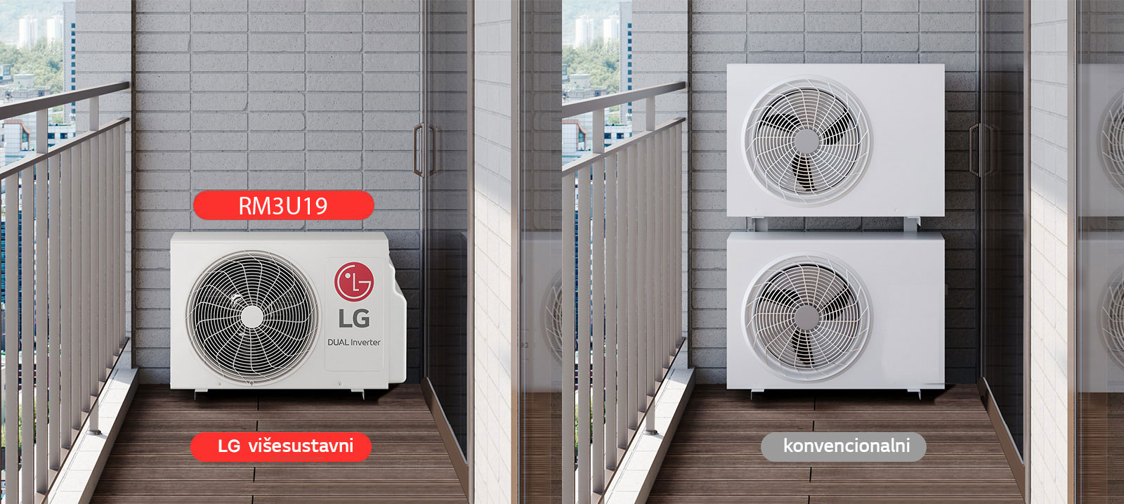 3 odvojene slike s LG višesustavnim i konvencionalnim uređajima na balkonu.
