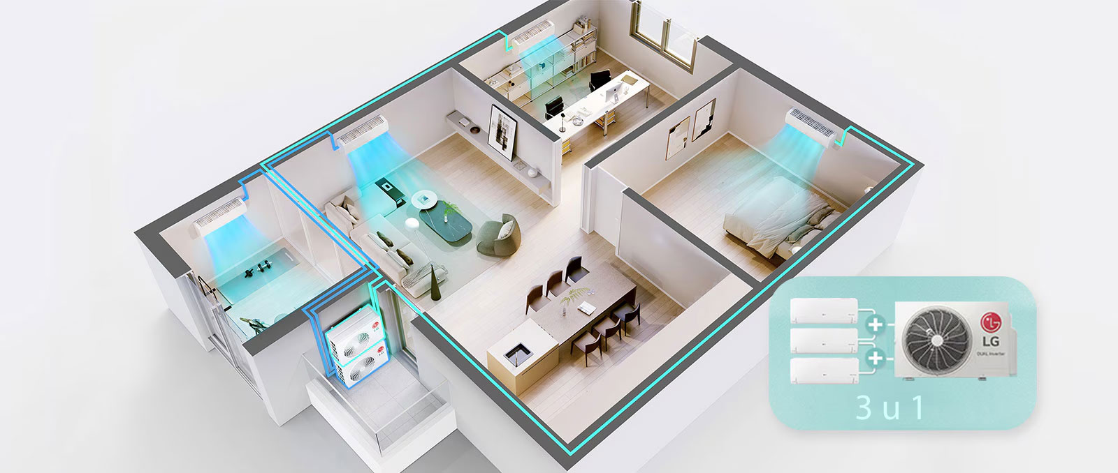 Izometrijski prikaz kuće sa slikom vanjske jedinice i 3 unutarnje jedinice.