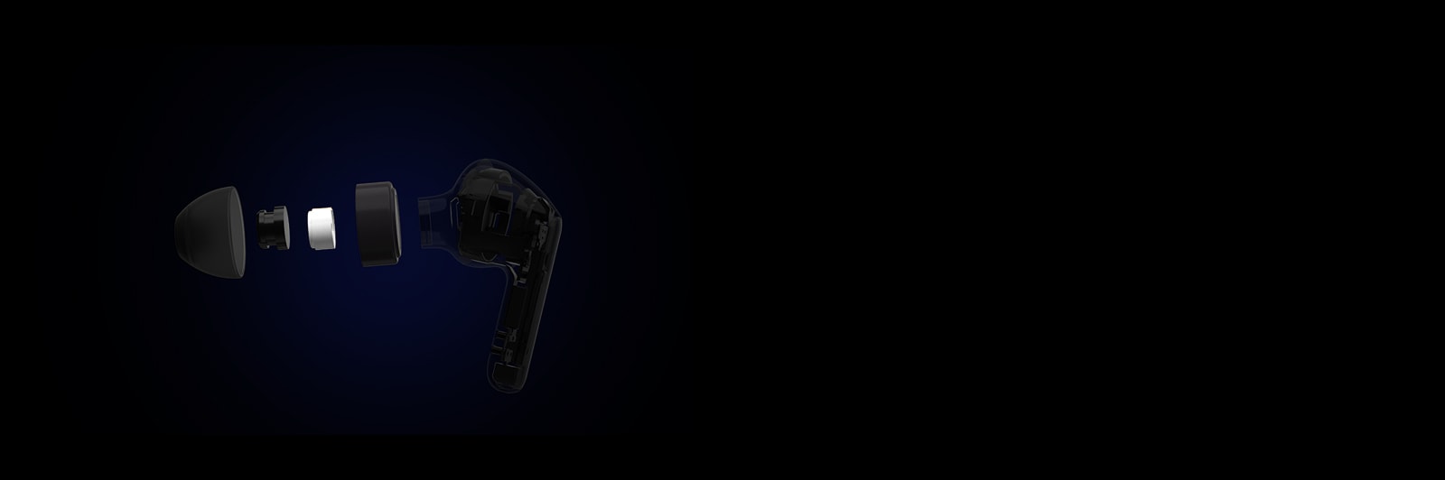 Slika crne slušalice koja je podijeljena na četiri dijela radi prikaza detaljne tehnologije kojom je sastavljena.