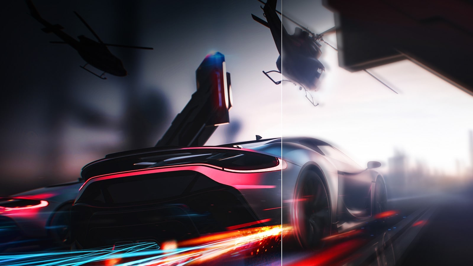 Prikazuje dvije usporedne animacije, automobila u vožnji u igri. Dvije animacije izgledaju isto, ali prva, kod koje nije primijenjena brzina osvježavanja od 144 Hz, manje je jasna od druge.