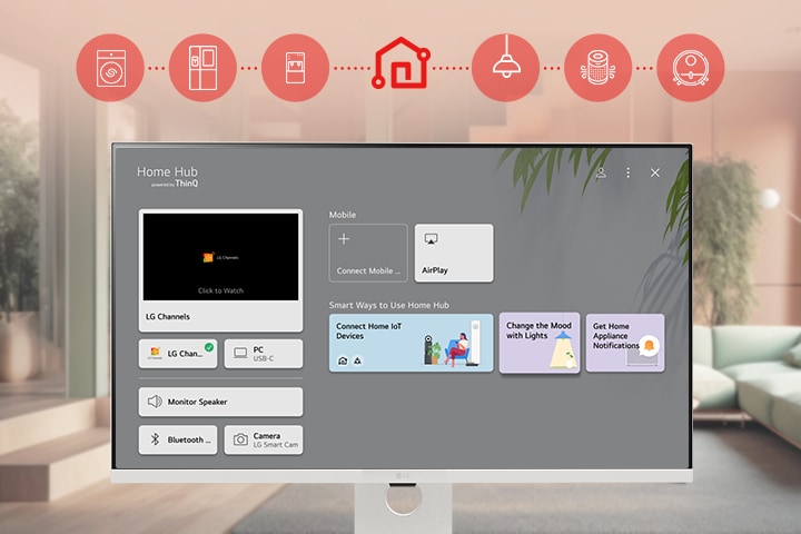 Na zaslonu pametnog monitora LG Smart Monitor prikazuje se sučelje nadzorne ploče aplikacije ThinQ Home Dashboard.