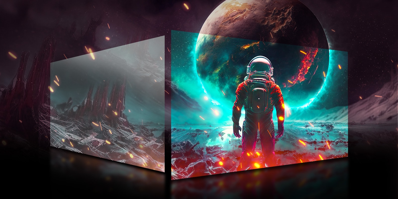 Usporedna scena monitora s primijenjenim tehnologijama NanoIPS i polariziranom tehnologijom ATW i monitora bez ovih tehnologija.