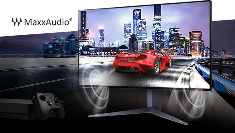 Prikazuje scenu igre na monitoru 27GR95UM sa zvukom koji izlazi iz unutarnjeg zvučnika sa značajkom MaxxAudio®.