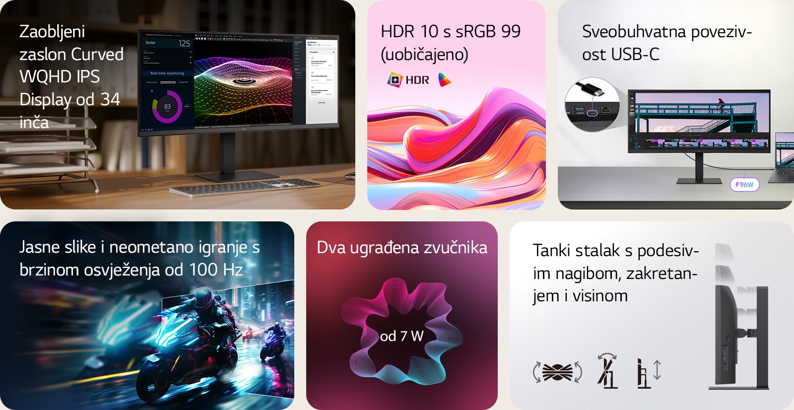 34" zakrivljeni WQHD IPS monitor, HDR10, 99% sRGB, USB-C, 100 Hz, dvostruki 7W zvučnici i tanak podesiv stalak.