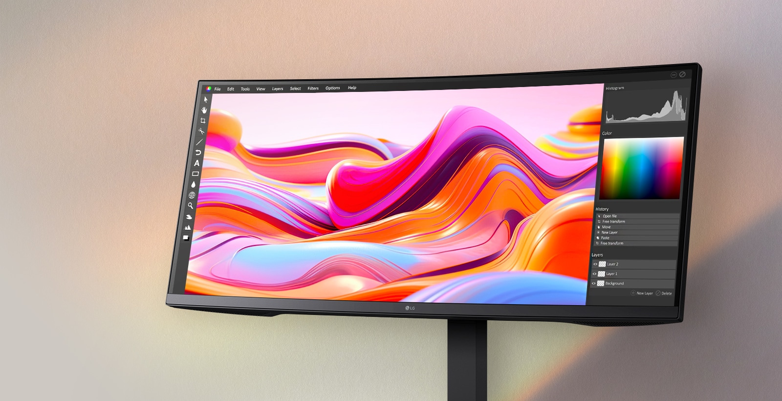 Super široki LG monitor na kojem se sučelje za uređivanje fotografija, na kojem je prikazana točnost živopisnih boja.