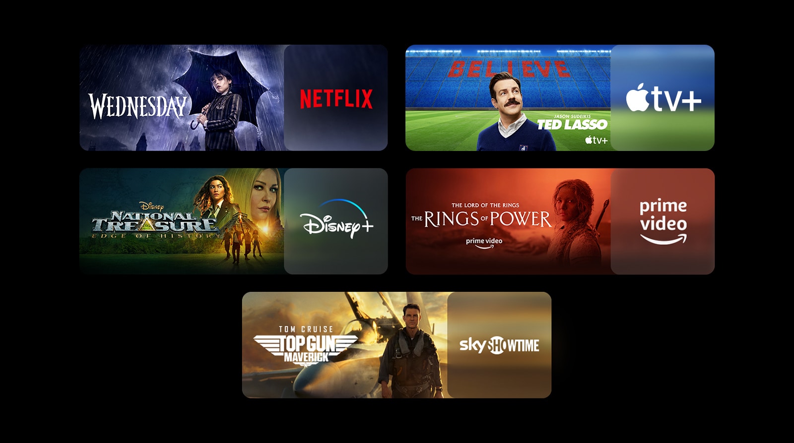 Pet je blokova slika – svaki s logotipom platforme za streaming i slikom snimke. Logotip Netflix sa serijom Wednesday, logotip Apple TV Plus sa serijom Ted Lasso, logotip Disney Plus sa serijom National Treasure, logotip Prime Video sa serijom The Rings of Power, Sky logotip Showtime s filmom Top Gun.