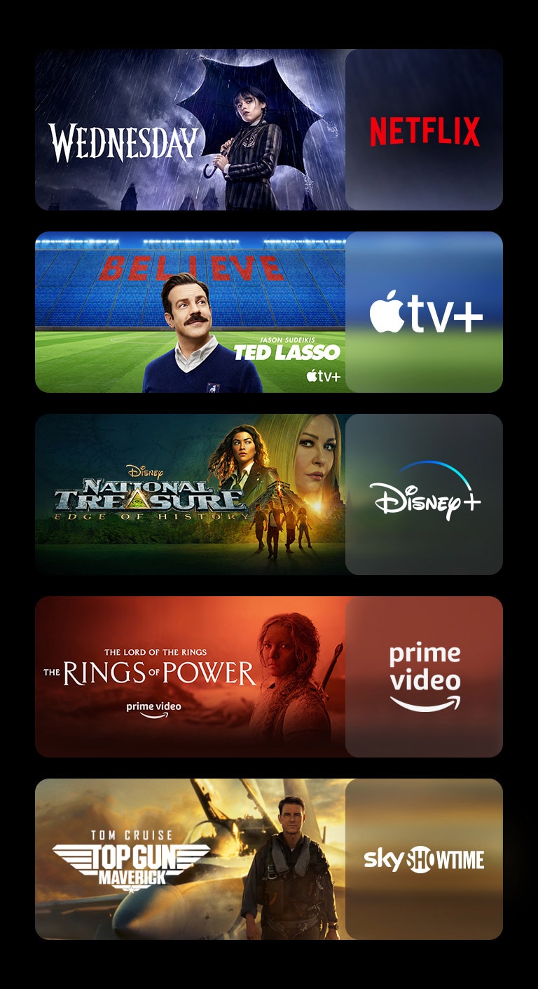 Pet je blokova slika – svaki s logotipom platforme za streaming i slikom snimke. Logotip Netflix sa serijom Wednesday, logotip Apple TV Plus sa serijom Ted Lasso, logotip Disney Plus sa serijom National Treasure, logotip Prime Video sa serijom The Rings of Power, Sky logotip Showtime s filmom Top Gun.